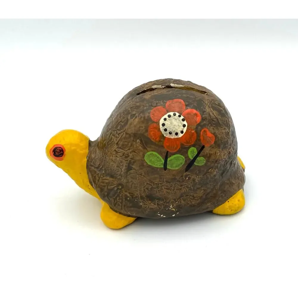 Vintage Ceramic Turtle Coin Bank 1970s Hippie Boho Flowers READ